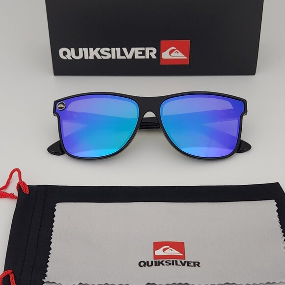 Quiksilver Round Flat Lens Sunglasses Gloss Black Frame Blue-Mirror Lens NEW Q24 - Picture 2 of 11